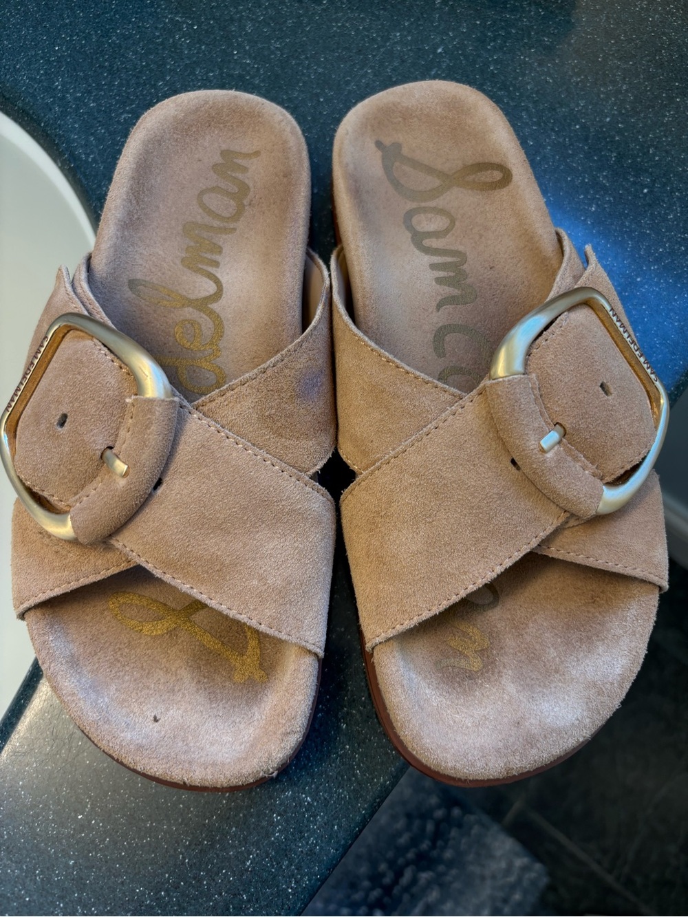 Sam Edelman Tan Suede Cross-Buckle Slide Sandals
